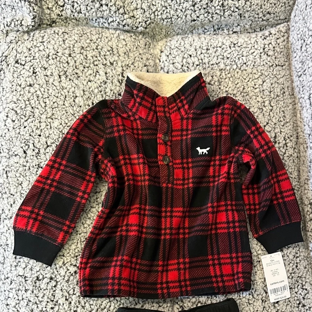 Carter's Red & Black Plaid Fleece Pullover with Black Joggers - 12 months